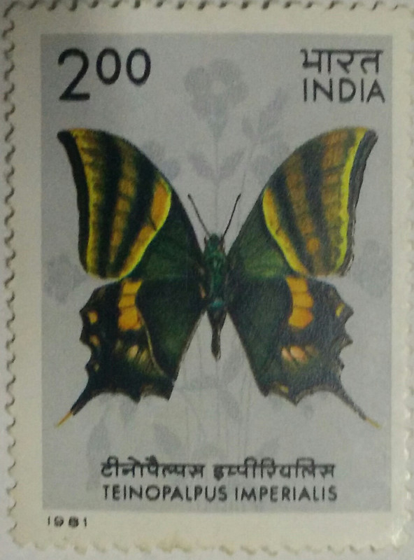 Butterflies - Teinopalpus Imperialis. Swallowtail Butterfly, Teinopalpus imperialis, Kaiser-i-Hind,Rs. 2 (Hinged/Gum washed)
