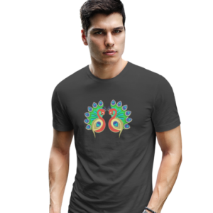 wildlifekart.com Presents Men Cotton Regular Fit T-Shirt | Design : 2 peacock drawings facing to each other