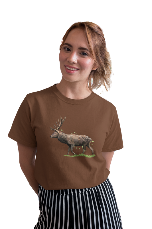 wildlifekart.com Presents Women Cotton Regular Fit T-Shirt | Design : deer walking on grass