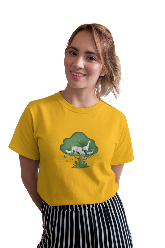 wildlifekart.com Presents Women Cotton Regular Fit T-Shirt | Design : boy girl study green tree