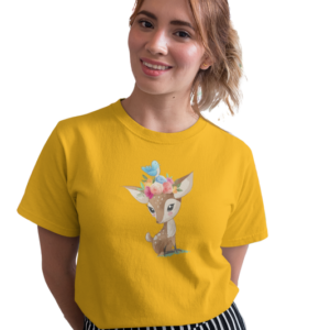 wildlifekart.com Presents Women Cotton Regular Fit T-Shirt | Design : deer with flowers and bird on head