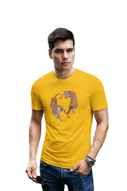 wildlifekart.com Presents Men Cotton Regular Fit T-Shirt | Design : 2 roaring tigers