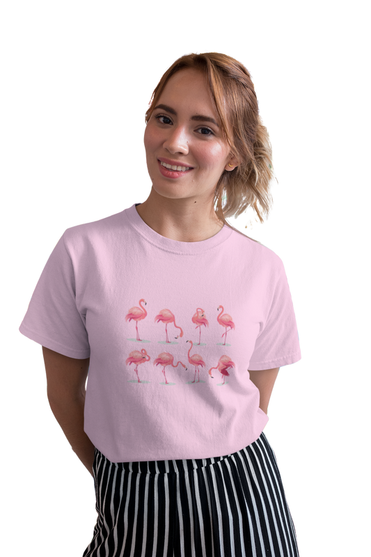 wildlifekart.com Presents Women Cotton Regular Fit T-Shirt | Design : 8 flamingos