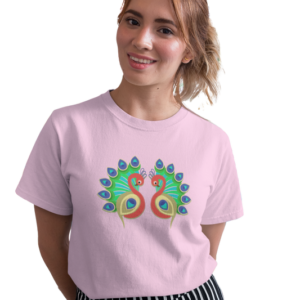 wildlifekart.com Presents Women Cotton Regular Fit T-Shirt | Design : 2 peacock drawings facing to each other