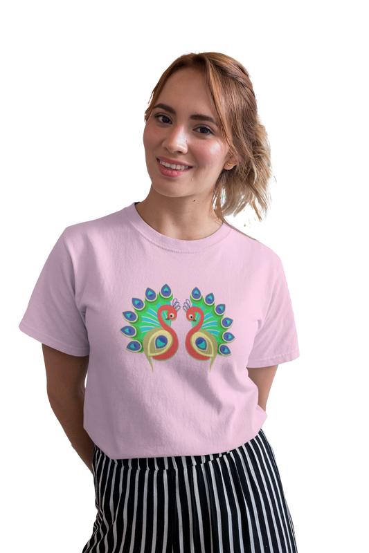 wildlifekart.com Presents Women Cotton Regular Fit T-Shirt | Design : 2 peacock drawings facing to each other