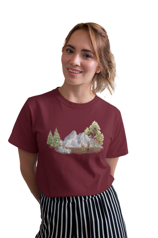Wildlifekart.com Presents Women Cotton Regular Fit T-Shirt | Design : 2 deers near mountain