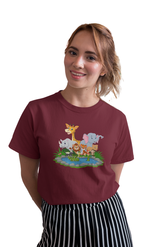 wildlifekart.com Presents Women Cotton Regular Fit T-Shirt | Design : animal collage water pond