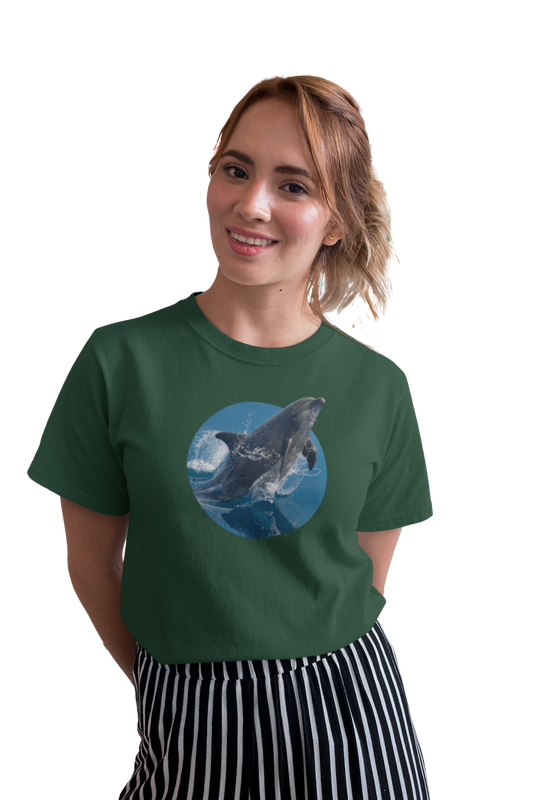 wildlifekart.com Presents Women Cotton Regular Fit T-Shirt | Design : jumping gray dolphin in round
