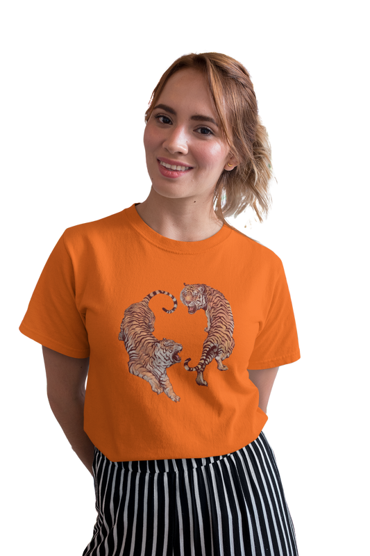 wildlifekart.com Presents Women Cotton Regular Fit T-Shirt | Design : 2 roaring tigers