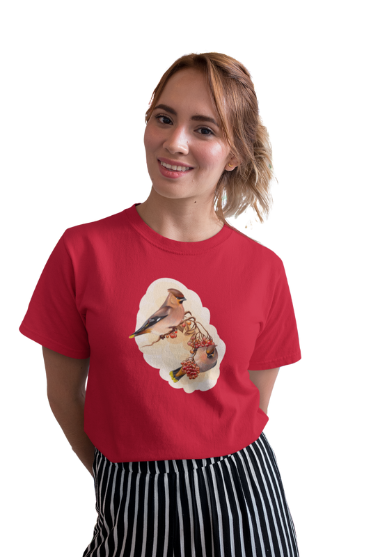 wildlifekart.com Presents Women Cotton Regular Fit T-Shirt | Design : 2 gray chocolatee birds red fruit