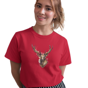 wildlifekart.com Presents Women Cotton Regular Fit T-Shirt | Design : deer head with big horn splash