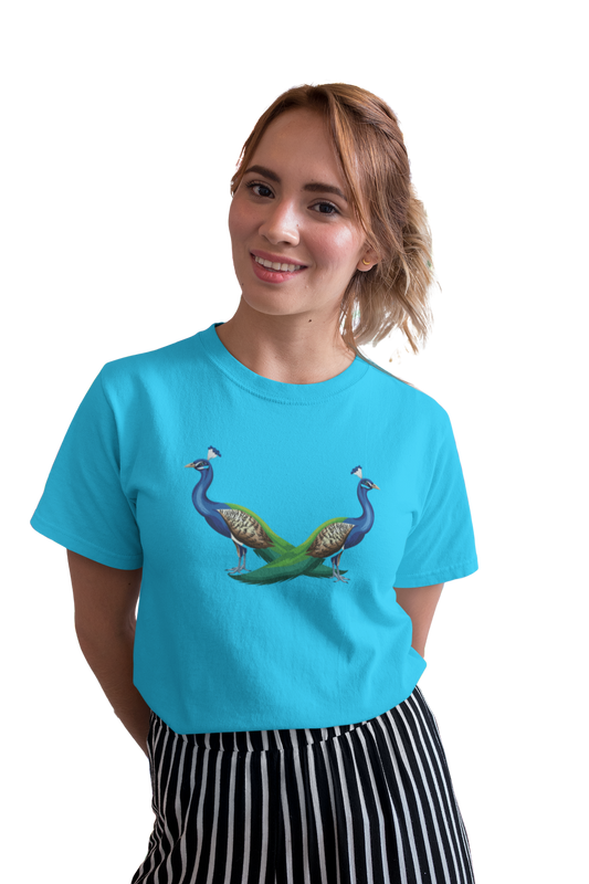 wildlifekart.com Presents Women Cotton Regular Fit T-Shirt | Design : 2 peacocks facing Opp osite to each other