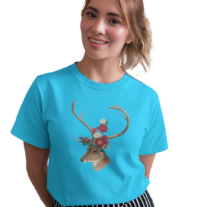 wildlifekart.com Presents Women Cotton Regular Fit T-Shirt | Design : flowers on deer head