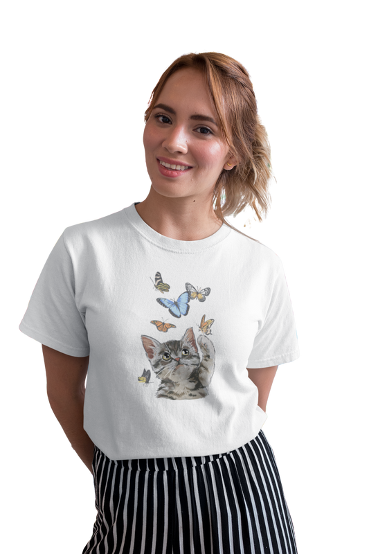 wildlifekart.com Presents Women Cotton Regular Fit T-Shirt | Design : cat and 6 butterflies new