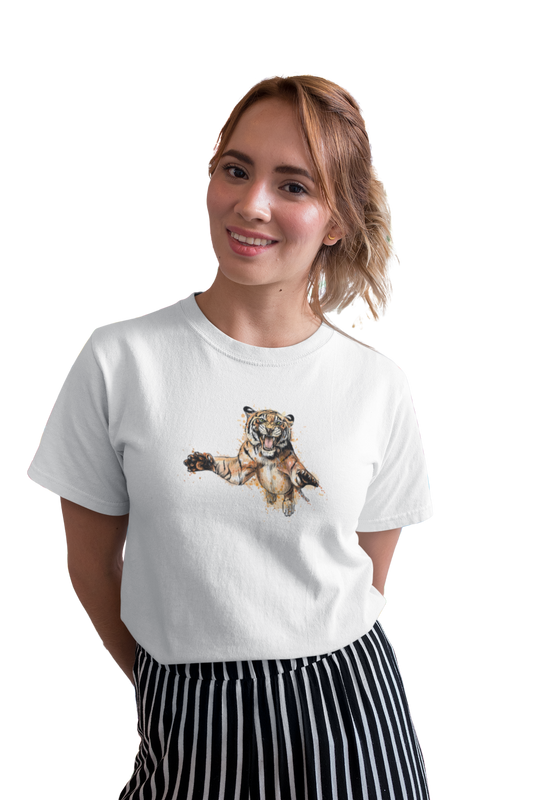 wildlifekart.com Presents Women Cotton Regular Fit T-Shirt | Design : front jumping tiger