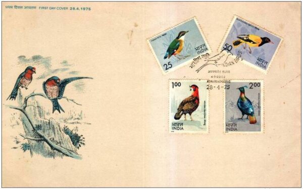 First Day Cover 28 Apr.'75 Indian Birds(2nd Series) (FDC-1975) (Spots/hinged/slightly damaged/Paper Stuck)
