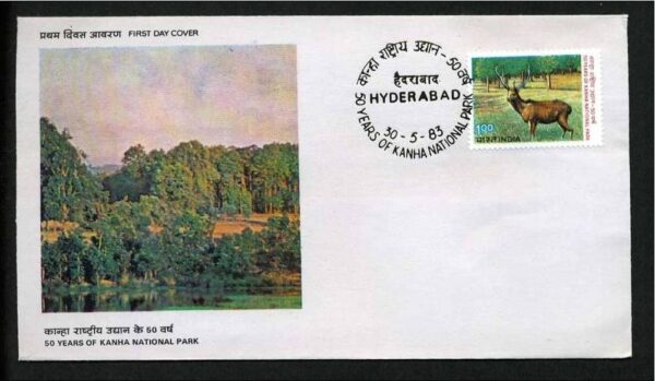 First Day Cover 30 May. '83 50th Anniv.of Kanha National Park 50 Years of Indian National Parks (M.P.) (FDC-1983) (Spots/hinged/slightly damaged/Paper Stuck)