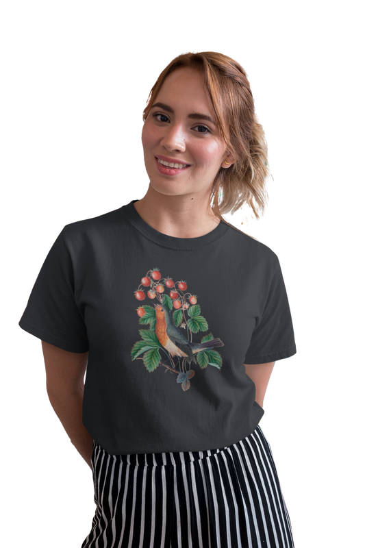 wildlifekart.com Presents Women Cotton Regular Fit T-Shirt | Design : orange throat bird red fruits