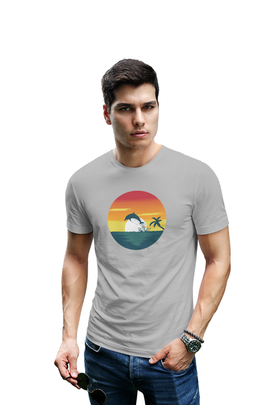 wildlifekart.com Presents Men Cotton Regular Fit T-Shirt | Design : dolphin jumping sunset in round sunset in round