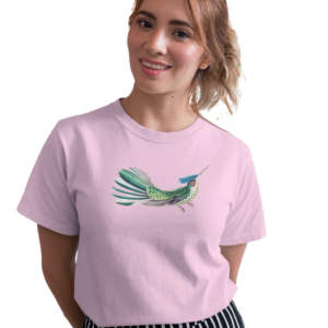 wildlifekart.com Presents Women Cotton Regular Fit T-Shirt | Design : long tail blue green hummingbird