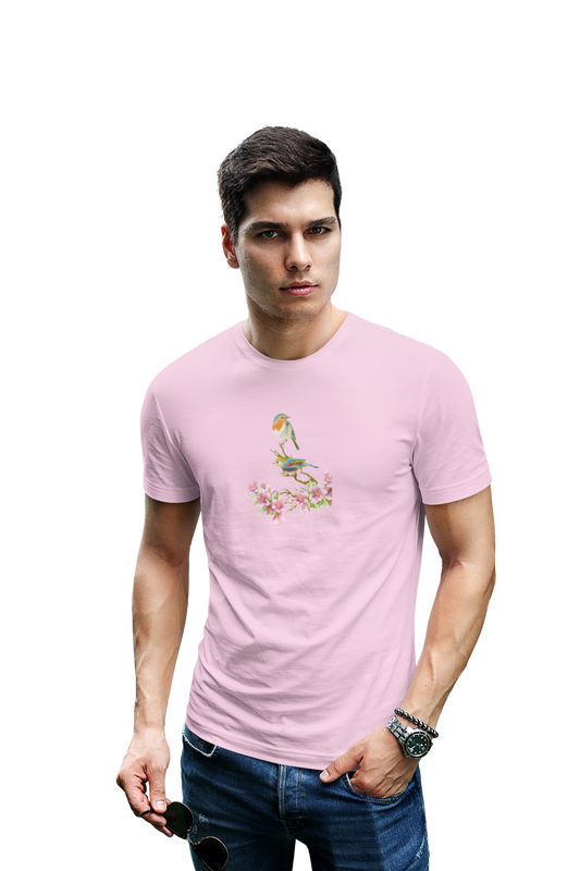 wildlifekart.com Presents Men Cotton Regular Fit T-Shirt | Design : two birds with flowers
