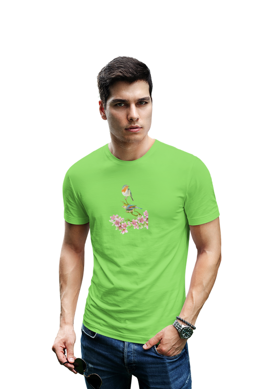 wildlifekart.com Presents Men Cotton Regular Fit T-Shirt | Design : two birds with flowers