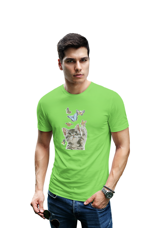 wildlifekart.com Presents Men Cotton Regular Fit T-Shirt | Design : cat and 6 butterflies new