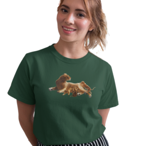wildlifekart.com Presents Women Cotton Regular Fit T-Shirt | Design : Lioness with 3 cubs