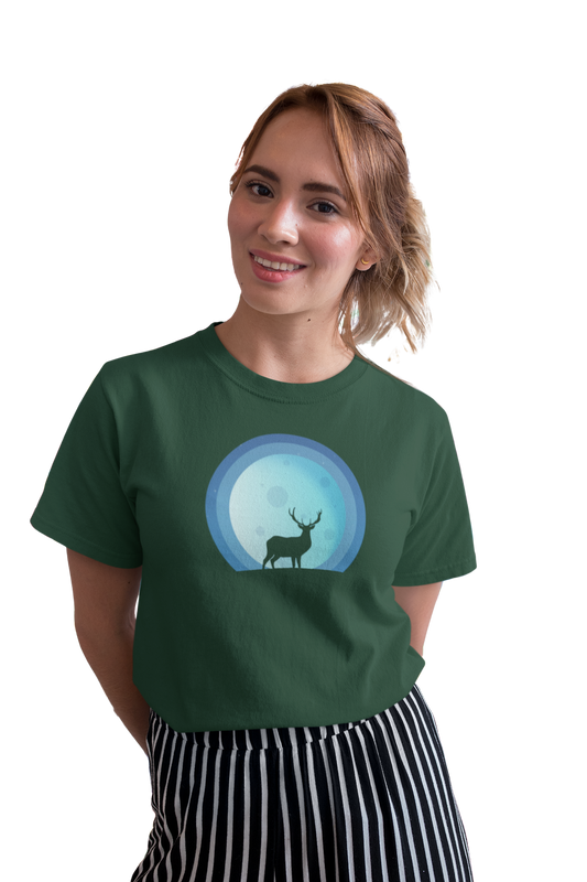 wildlifekart.com Presents Women Cotton Regular Fit T-Shirt | Design : transperant deer blue moon