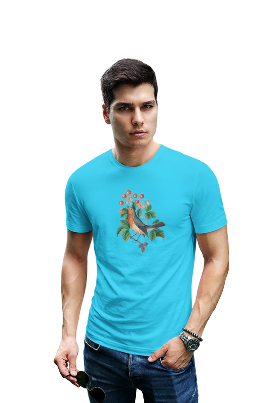 wildlifekart.com Presents Men Cotton Regular Fit T-Shirt | Design : orange throat bird red fruits