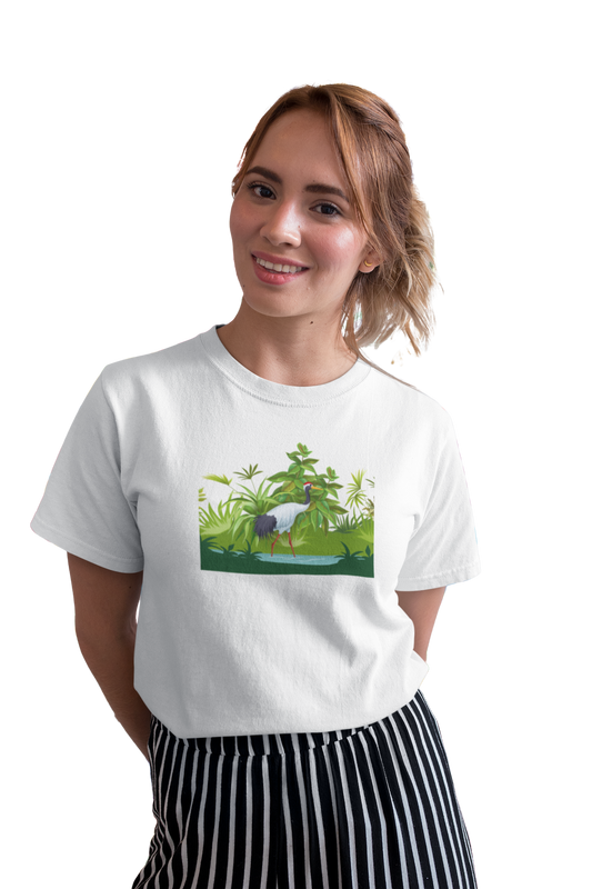 wildlifekart.com Presents Women Cotton Regular Fit T-Shirt | Design : sarus crane in trees