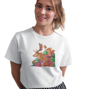 wildlifekart.com Presents Women Cotton Regular Fit T-Shirt | Design : tiger deer fox butterfly